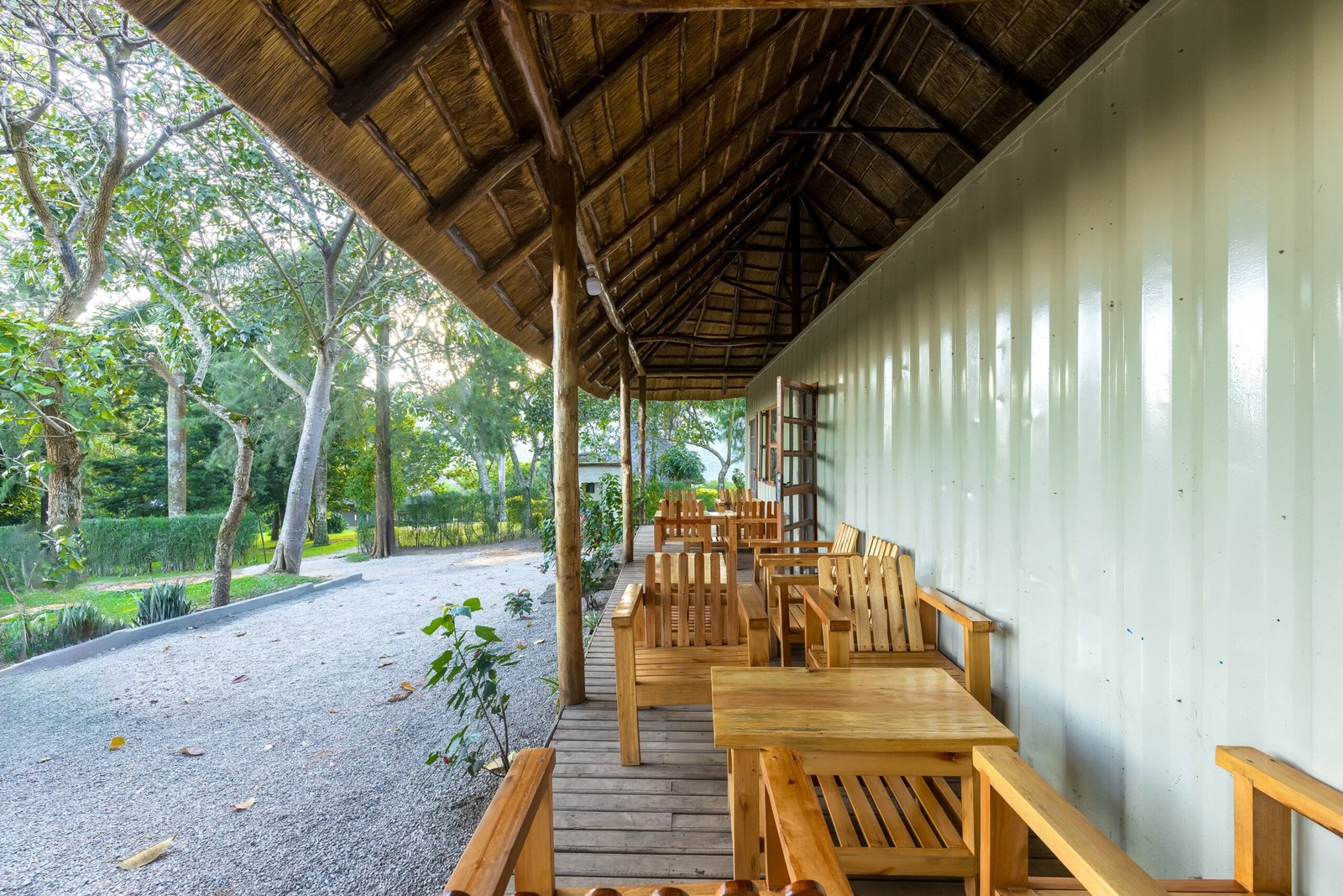 Cushioned seating on the Bahundu lakeside bar veranda at Bahundu near Fort Portal, Uganda