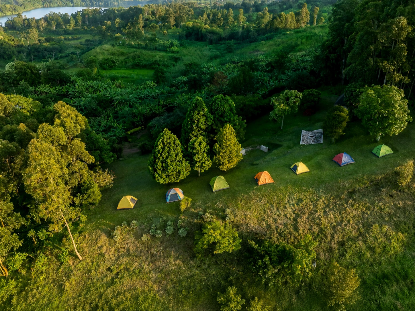 Aerial view of the private camping lawn above Lake Nyinabulitwa