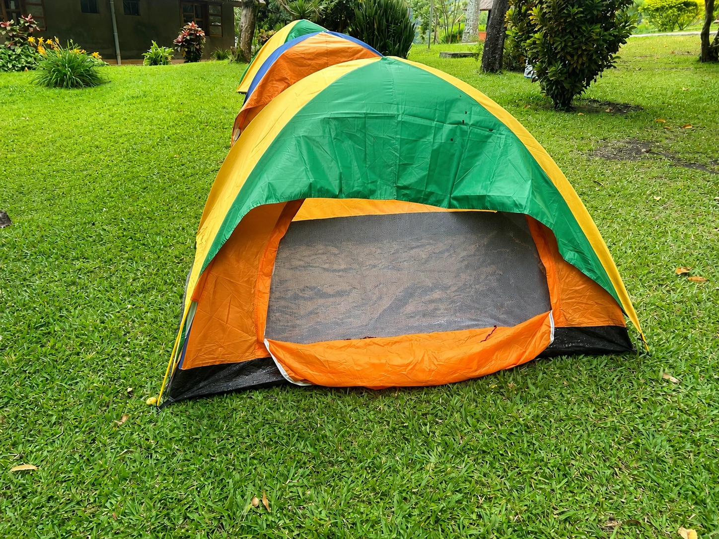 Colourful tents pitched on the green private campsite near Fort Portal