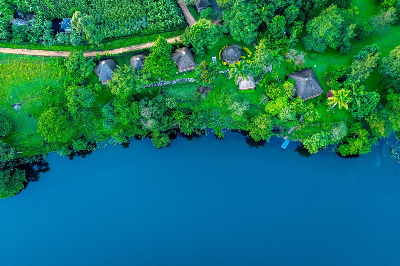 Lodge cottages spaced along the forested shore of Lake Nyinabulitwa